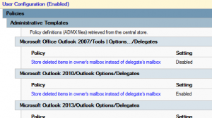 GPMC screenshot showing the "Store deleted items in owner's mailbox instead of delegate's mailbox" policy.