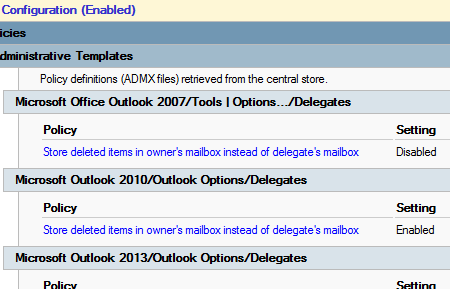 GPMC screenshot showing the "Store deleted items in owner's mailbox instead of delegate's mailbox" policy.