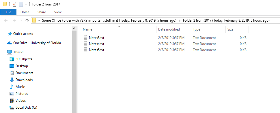 Windows Explorer screenshot showing a shadow-copy version of a folder and how it is named in the address bar.