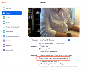 Enabling the turn off video when joining a meeting setting in the Zoom app for Mac