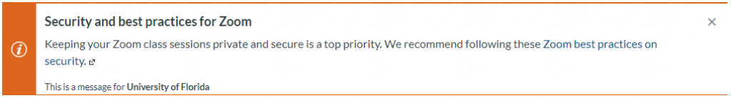 "Security and best practices for Zoom" banner that shows on the Canvas website.