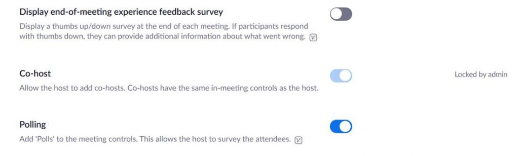 Screenshot of Zoom.US settings showing that the Co-Host feature is 'Locked by admin'.