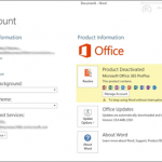 Microsoft Word's 'Account' page showing that it is deactivated.
