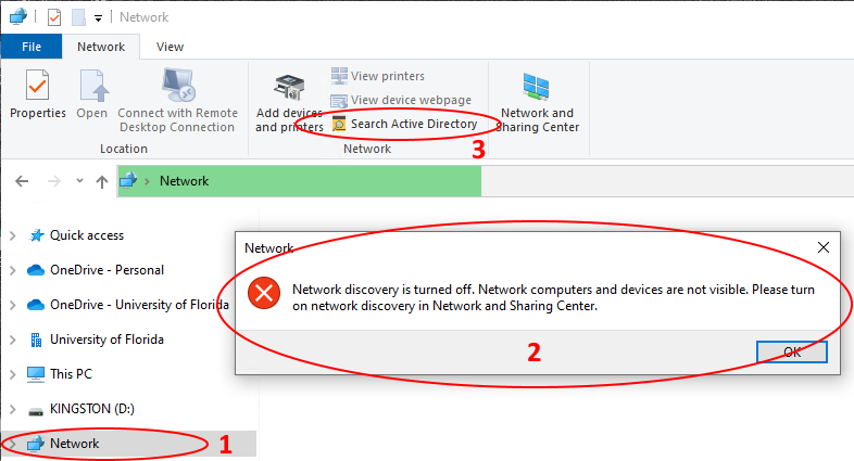 Windows File Explorer screenshot showing (1) the 'Network' selection, (2) the error message about 'Network Discovery', and (3) the 'Search Active Directory' selection in the ribbon.