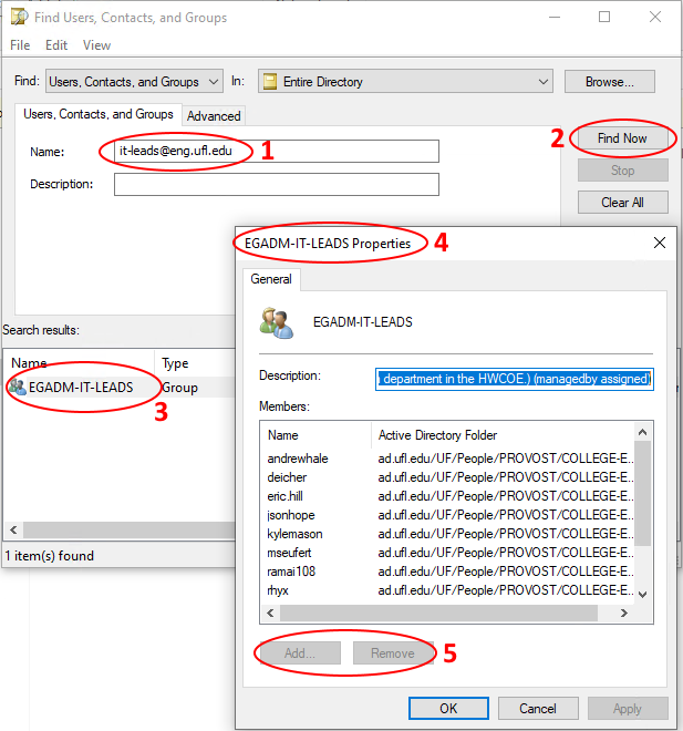 Find Users, Contacts, and Groups screenshot showing location of (1) text to search, (2) 'Find Now' button, (3) search results, (4) group properties dialog, and (5) 'Add...' and 'Remove' buttons.