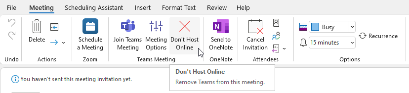 Outlook's 'Meeting' ribbon showing the 'Don't Host Online' icon.