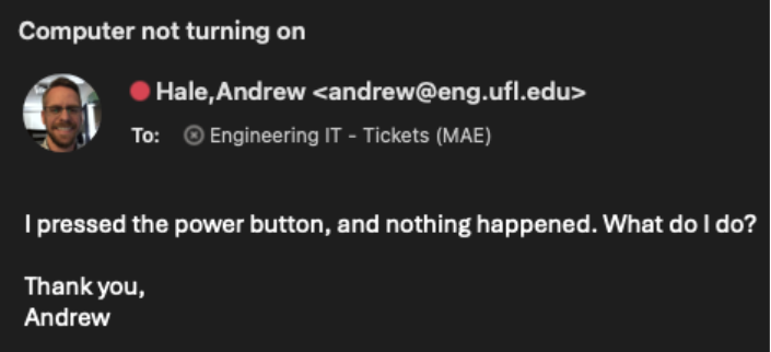 Image showing email message to an Engineering IT group