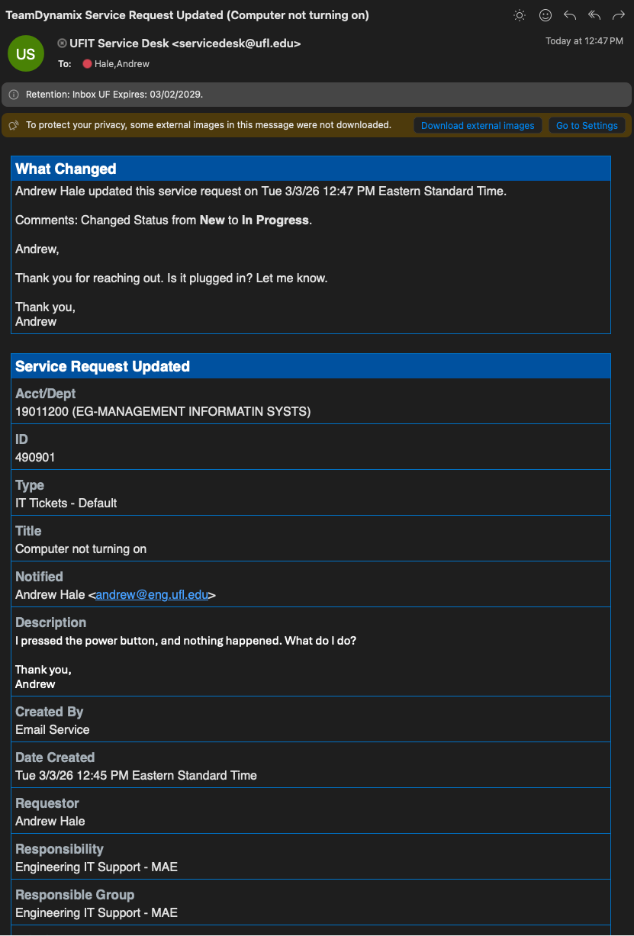 Image showing an email message from the ticket system where an IT worker has responded to the ticket.