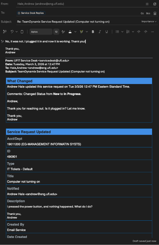 Image showing a customer responding to the question asked in the ticket system notification by simply replying as if it were any other email.