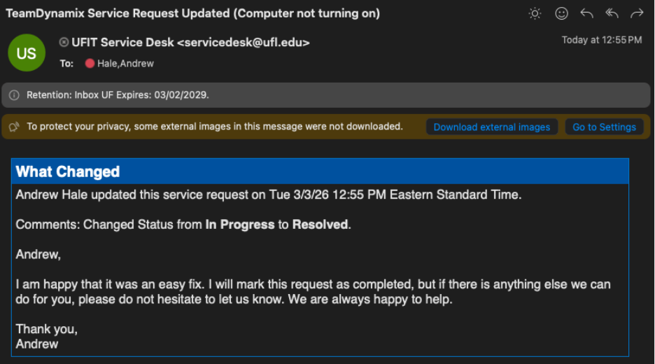 Image showing email notification from the ticket system letting the customer know that the ticket has been resolved.