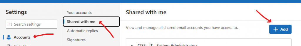 Screenshot of the "Settings" window showing the "Shared with me" tab and the "+ Add" button.